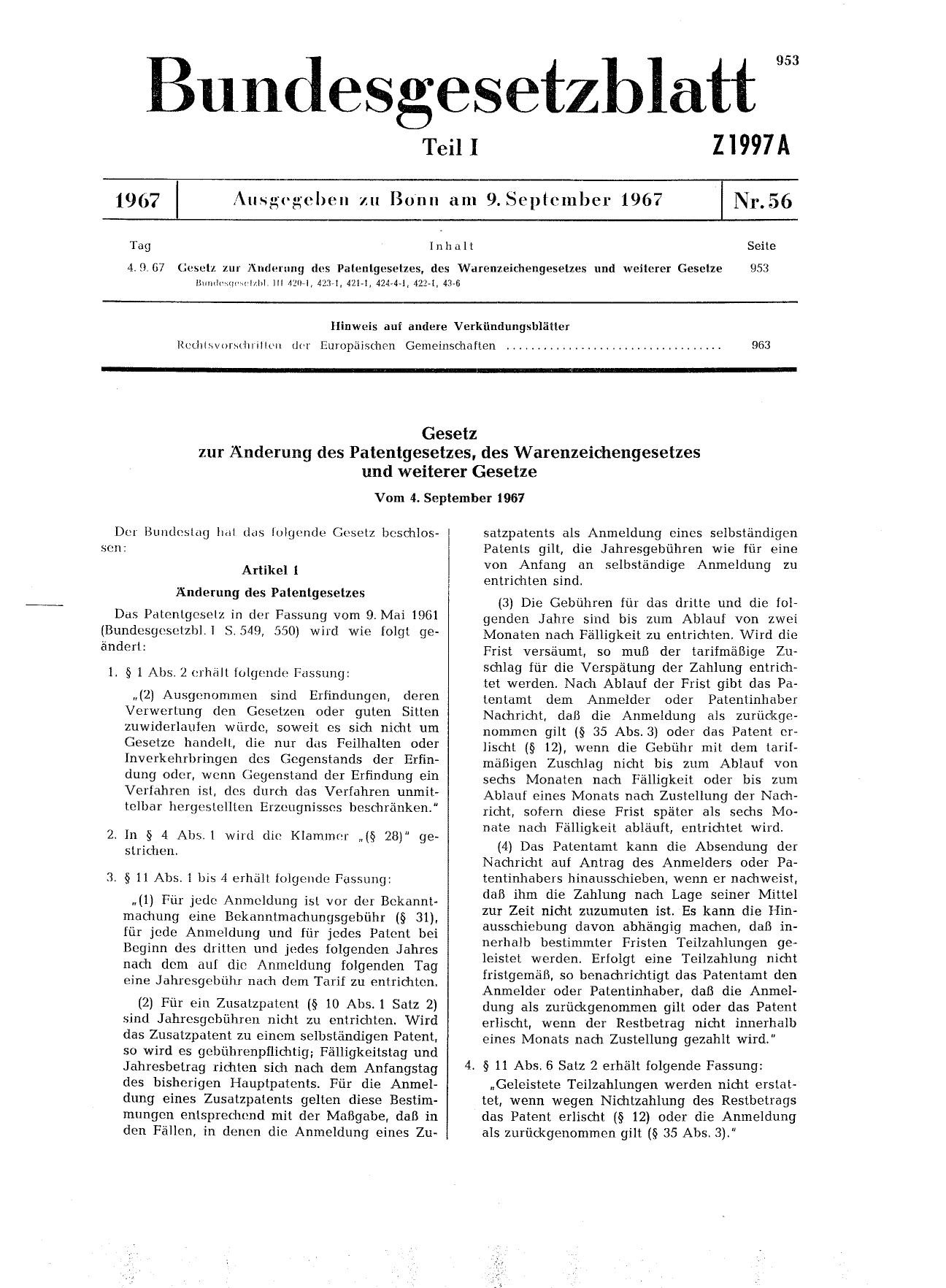BGBl. 1967, Seite 953 — Originalseite als Abbildung