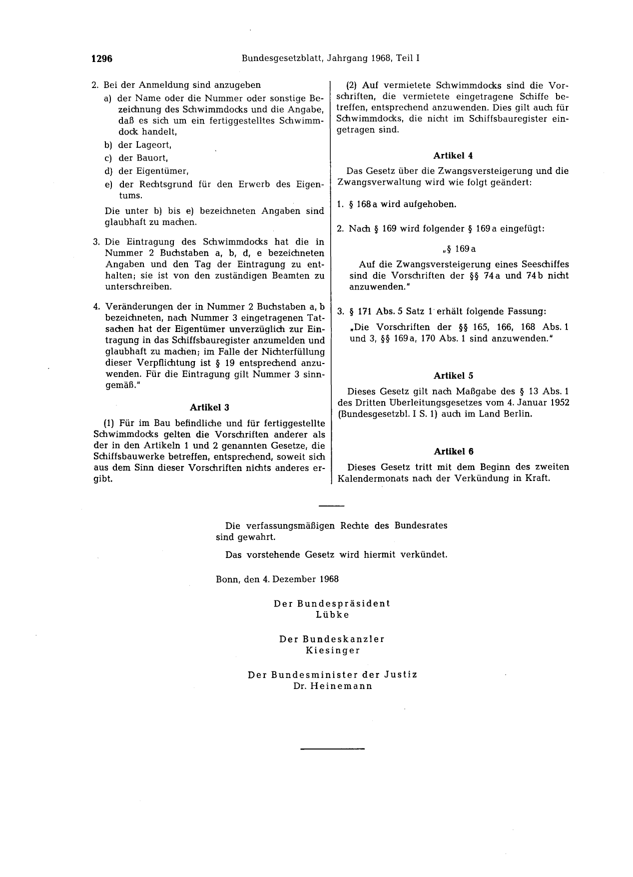 BGBl. 1968, Seite 1296 — Originalseite als Abbildung