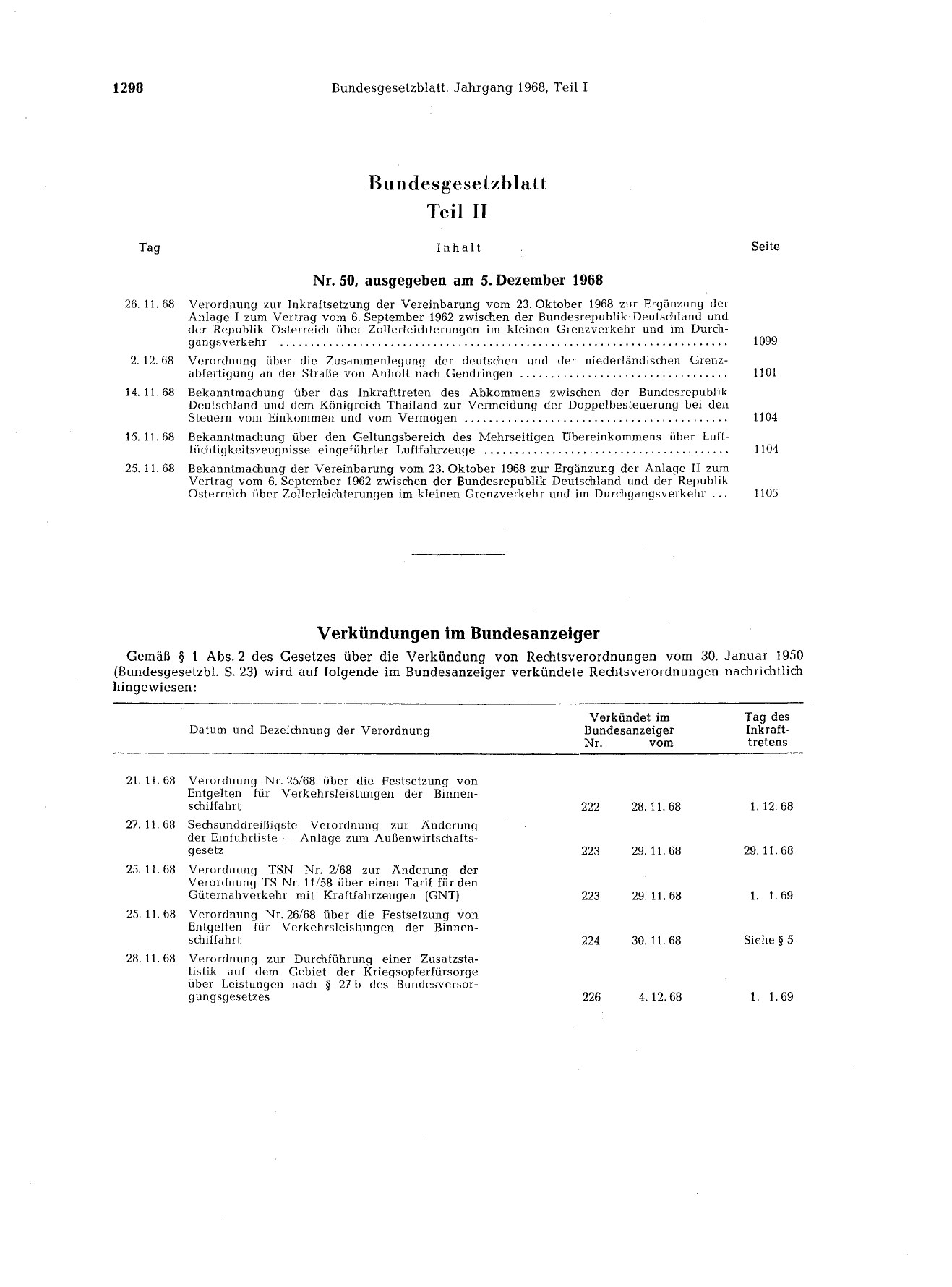 BGBl. 1968, Seite 1298 — Originalseite als Abbildung