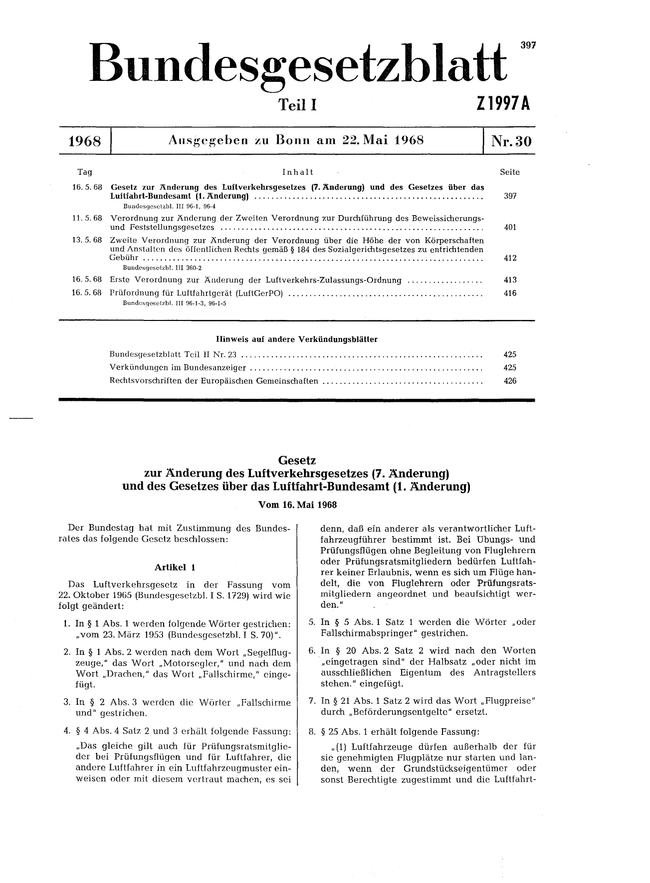BGBl. 1968, Seite 397 — Originalseite als Abbildung