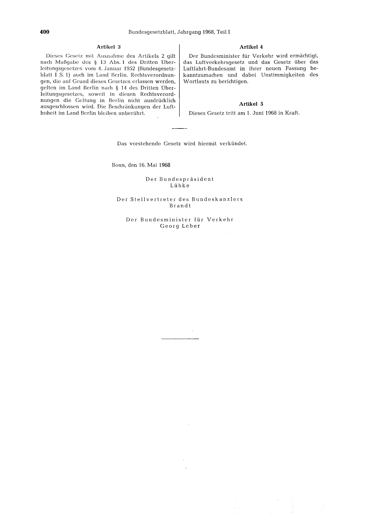 BGBl. 1968, Seite 400 — Originalseite als Abbildung