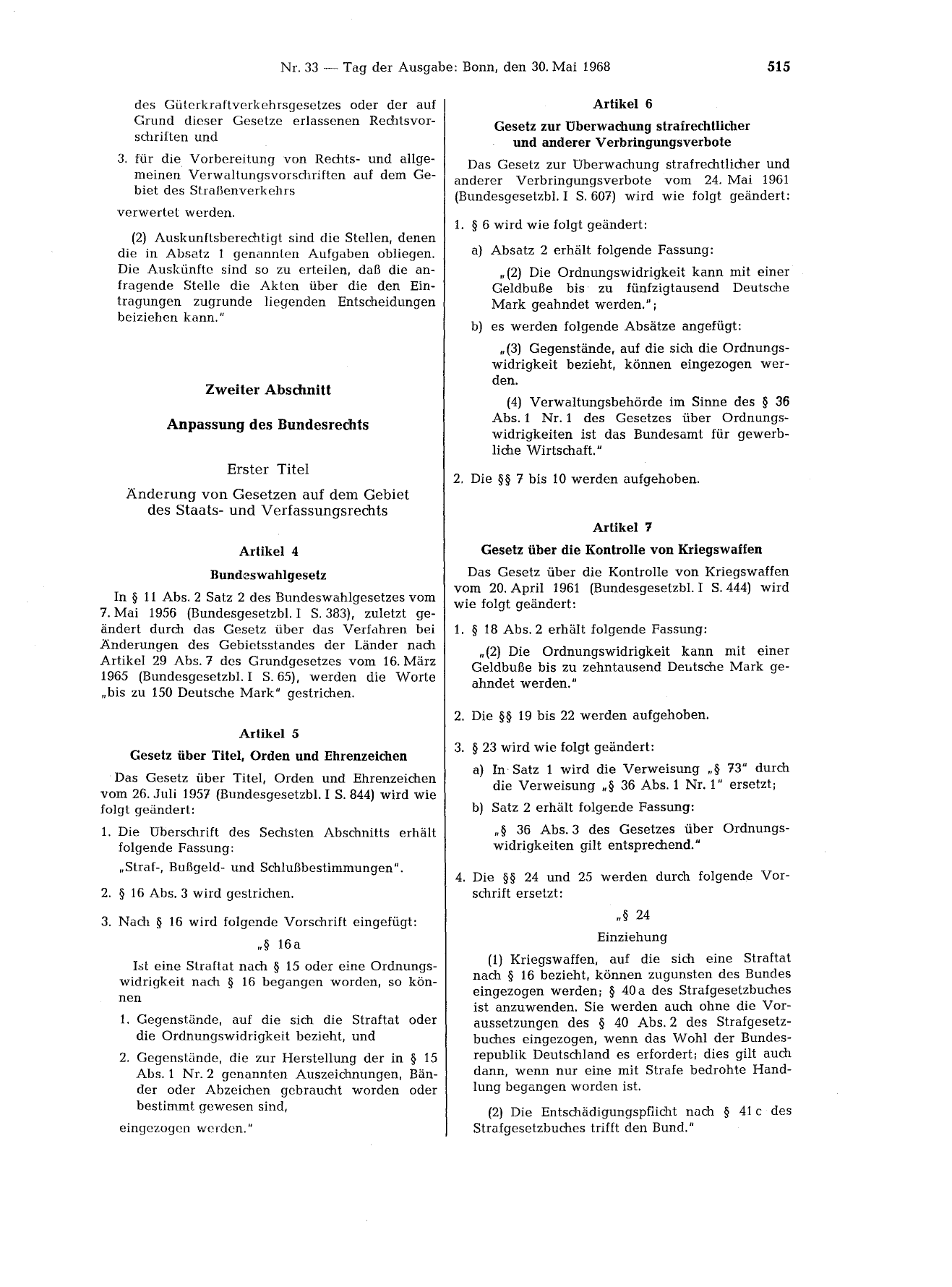 BGBl. 1968, Seite 515 — Originalseite als Abbildung