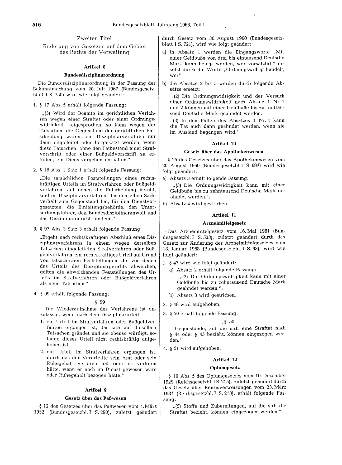 BGBl. 1968, Seite 516 — Originalseite als Abbildung