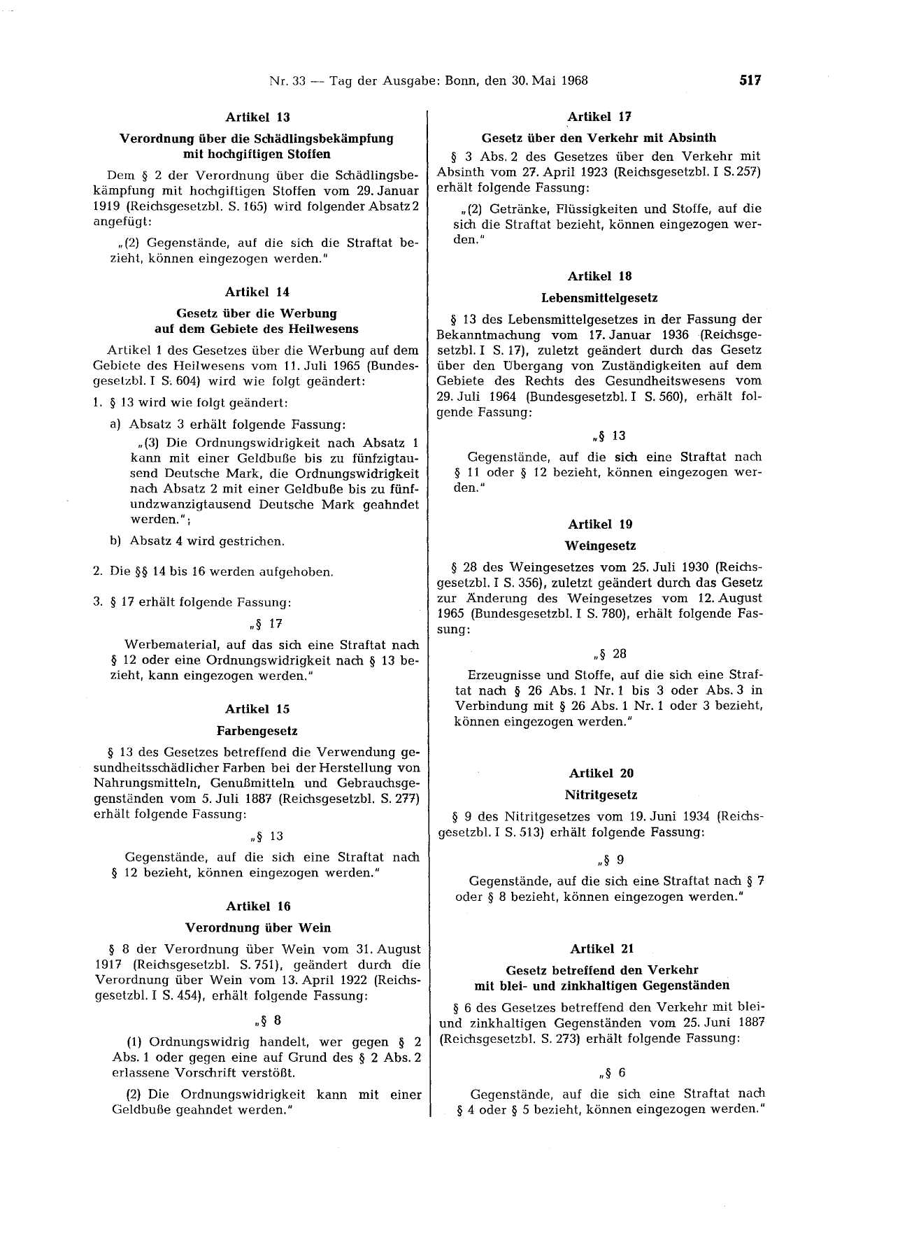 BGBl. 1968, Seite 517 — Originalseite als Abbildung