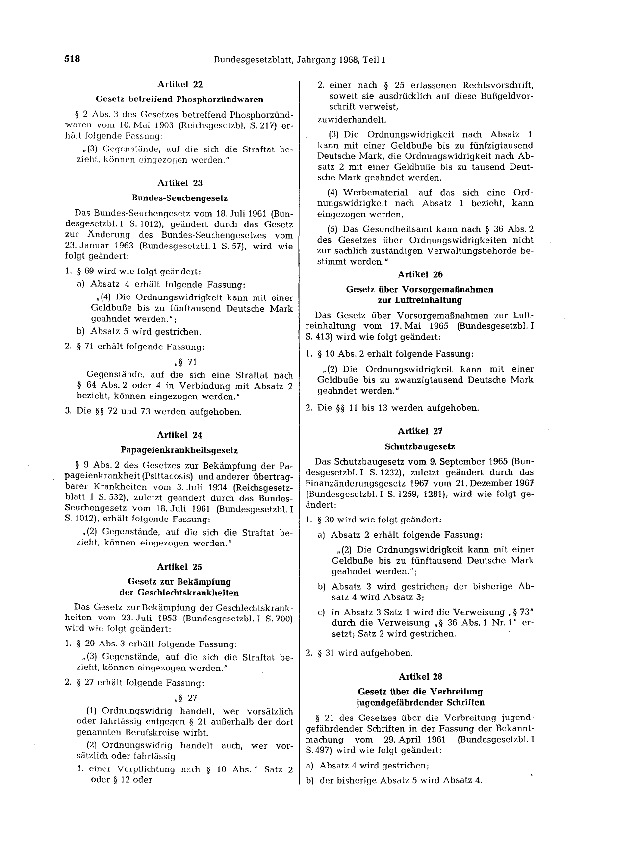 BGBl. 1968, Seite 518 — Originalseite als Abbildung