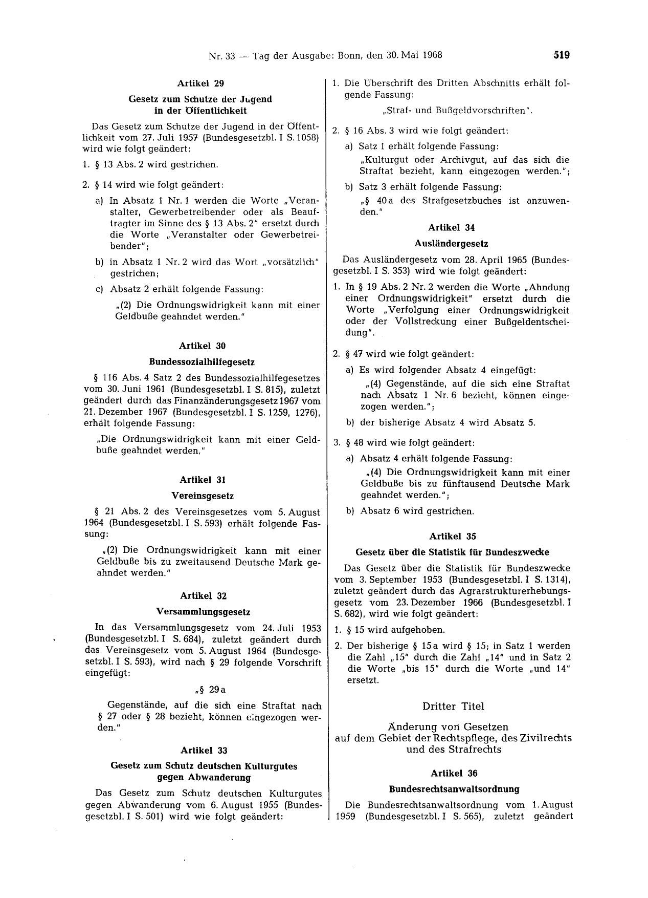 BGBl. 1968, Seite 519 — Originalseite als Abbildung