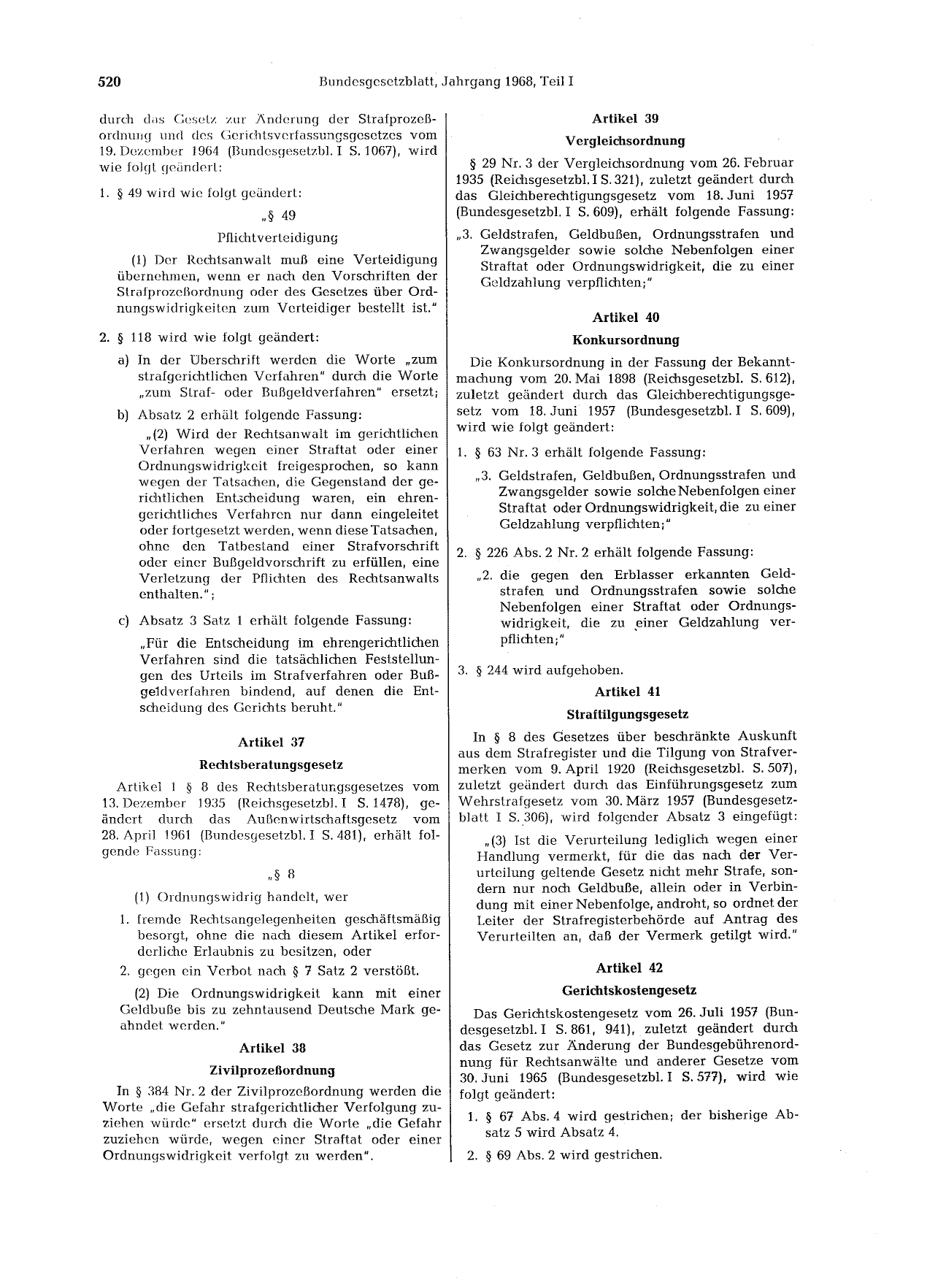 BGBl. 1968, Seite 520 — Originalseite als Abbildung