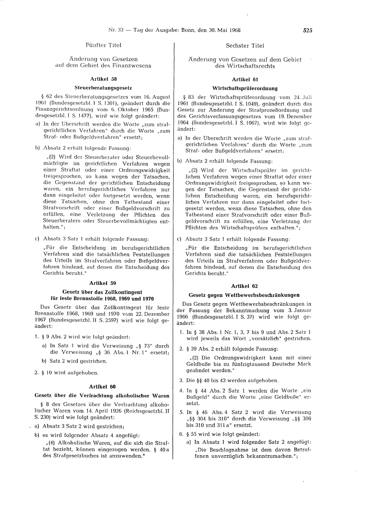 BGBl. 1968, Seite 525 — Originalseite als Abbildung