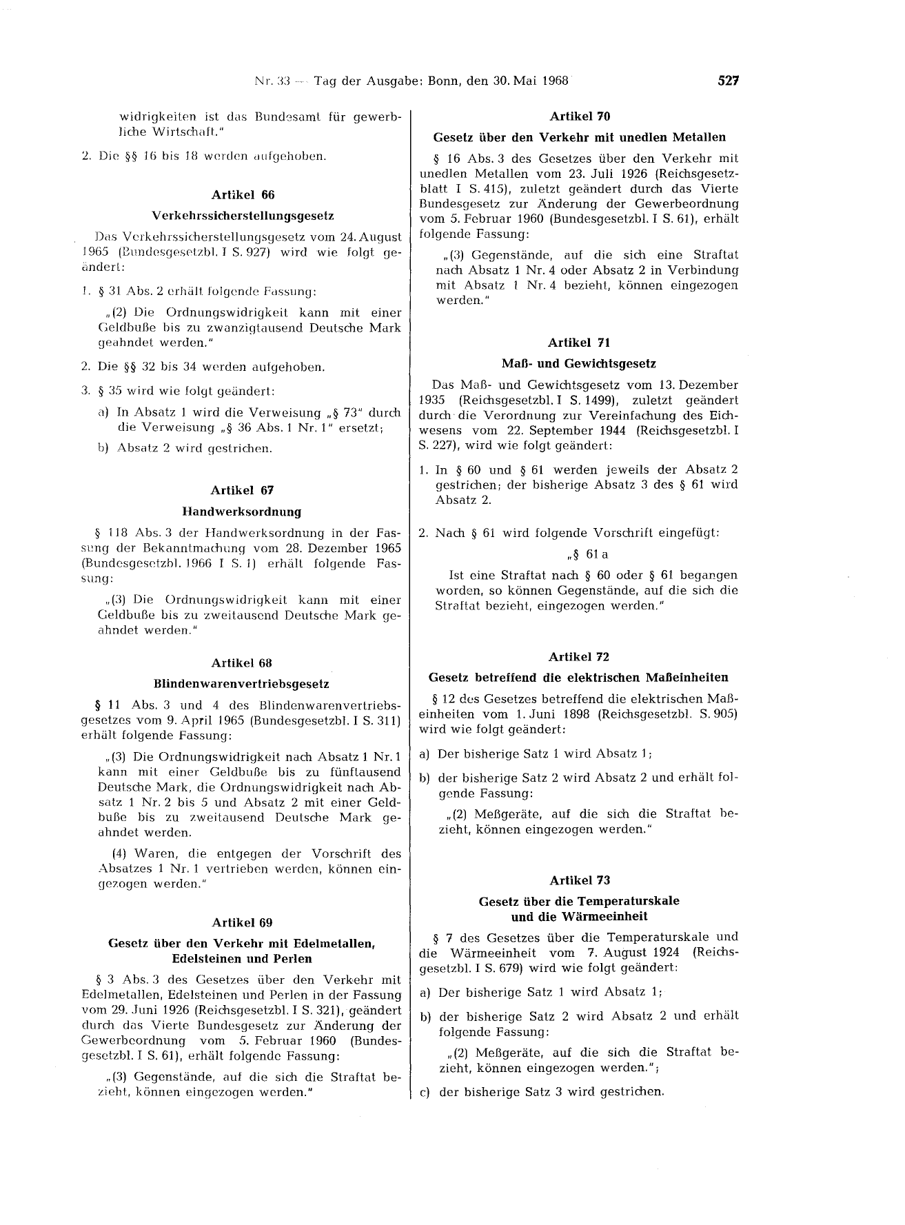 BGBl. 1968, Seite 527 — Originalseite als Abbildung