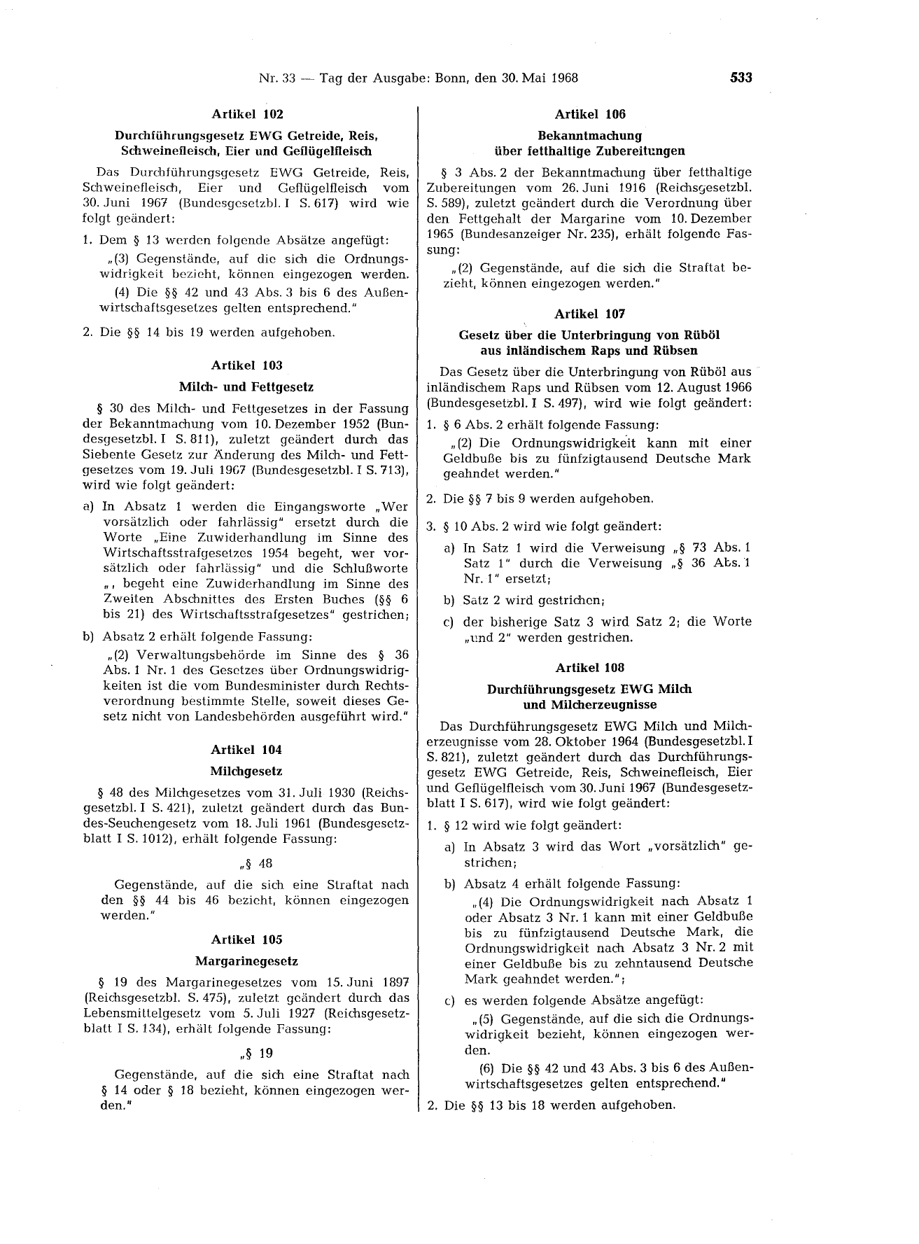 BGBl. 1968, Seite 533 — Originalseite als Abbildung
