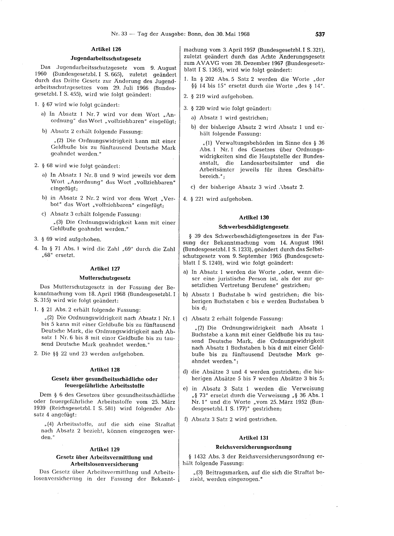 BGBl. 1968, Seite 537 — Originalseite als Abbildung