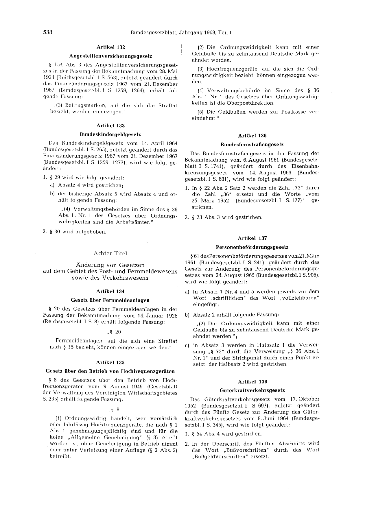 BGBl. 1968, Seite 538 — Originalseite als Abbildung