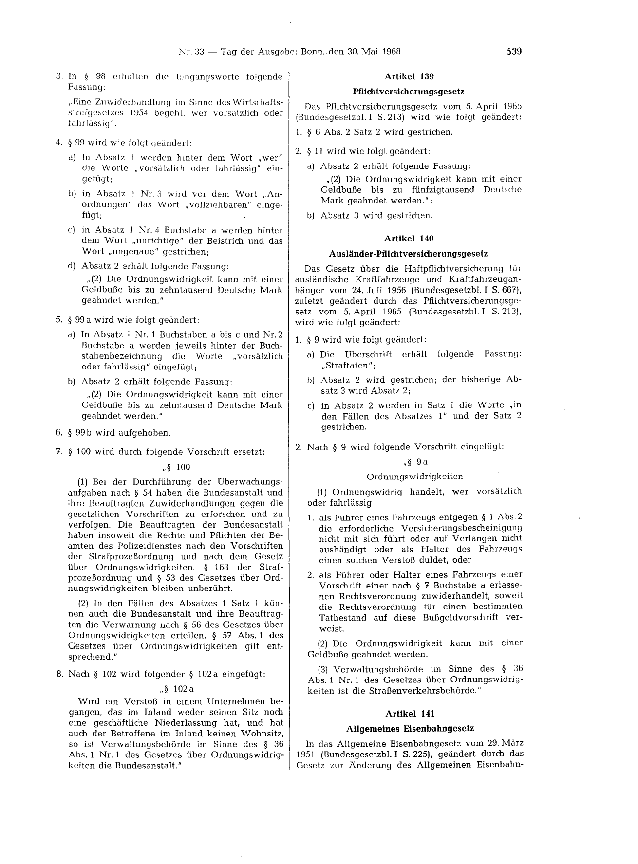 BGBl. 1968, Seite 539 — Originalseite als Abbildung