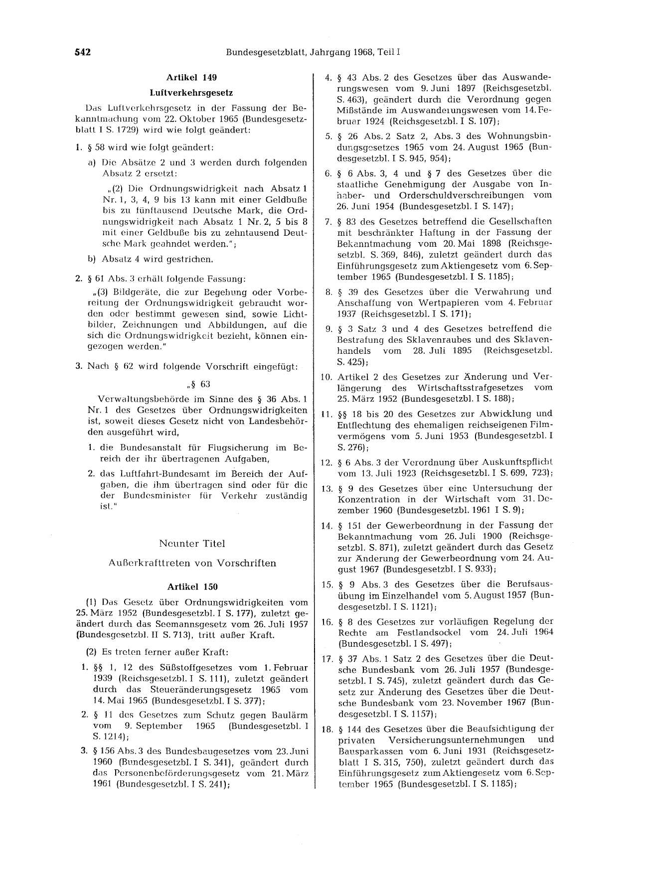 BGBl. 1968, Seite 542 — Originalseite als Abbildung