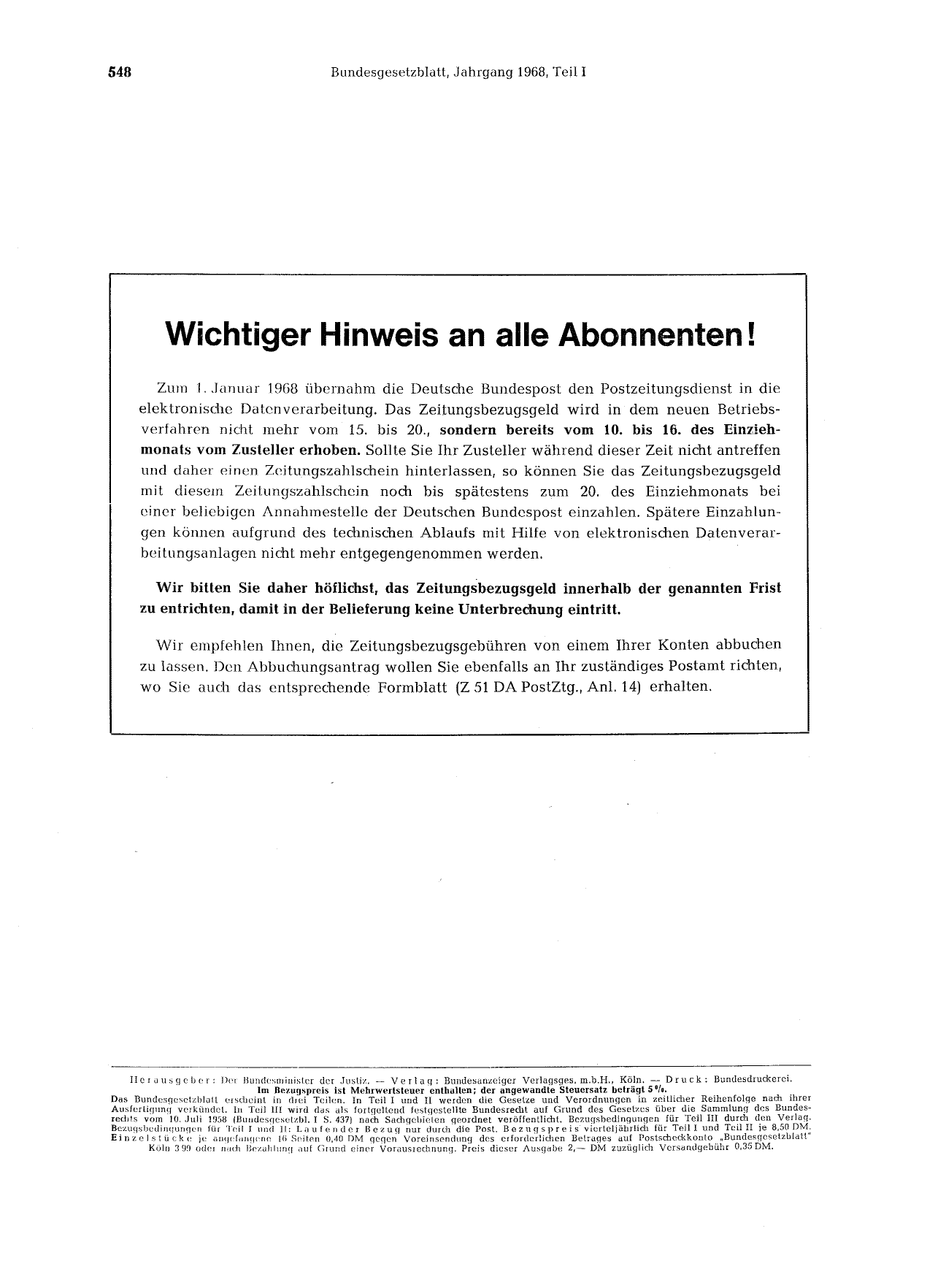 BGBl. 1968, Seite 548 — Originalseite als Abbildung