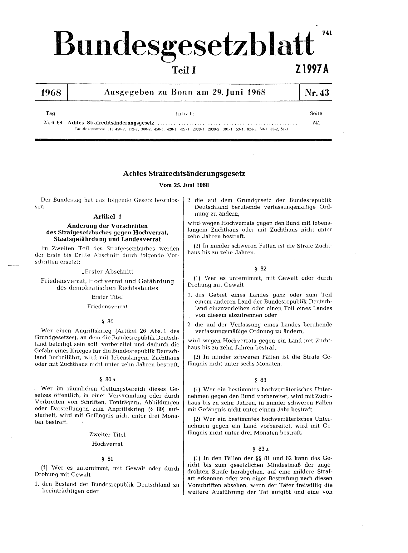 BGBl. 1968, Seite 741 — Originalseite als Abbildung