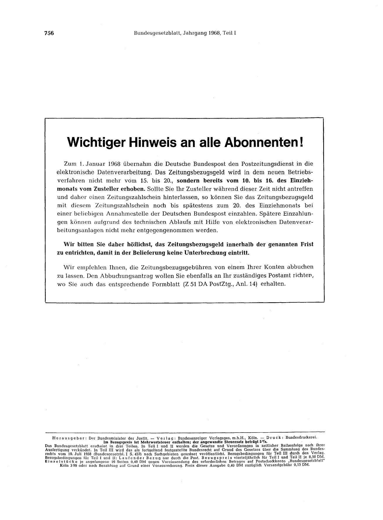 BGBl. 1968, Seite 756 — Originalseite als Abbildung