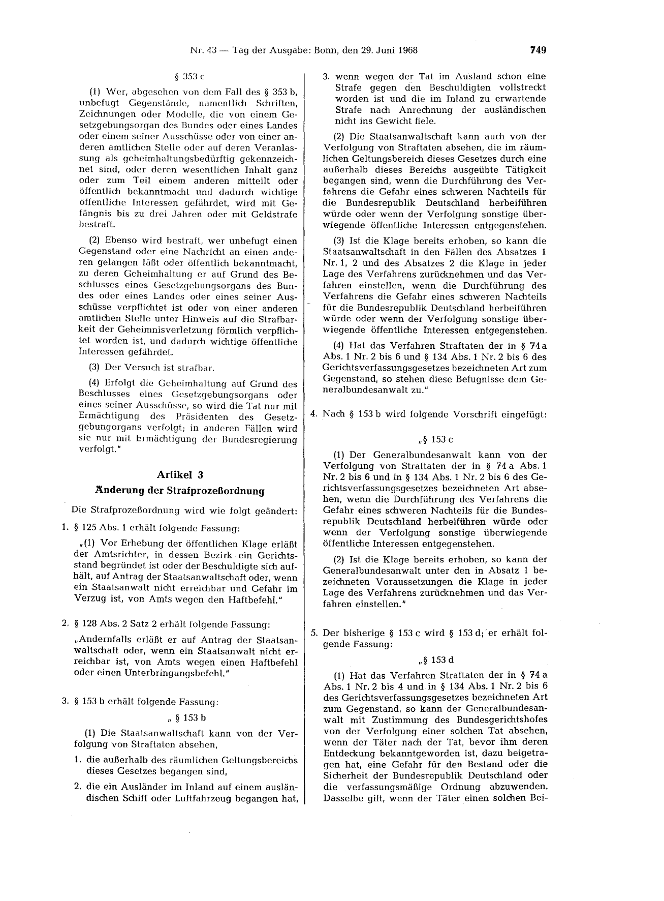 BGBl. 1968, Seite 749 — Originalseite als Abbildung