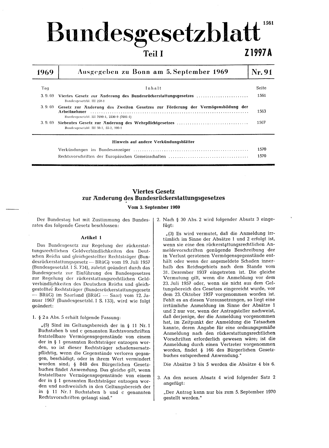 BGBl. 1969, Seite 1561 — Originalseite als Abbildung