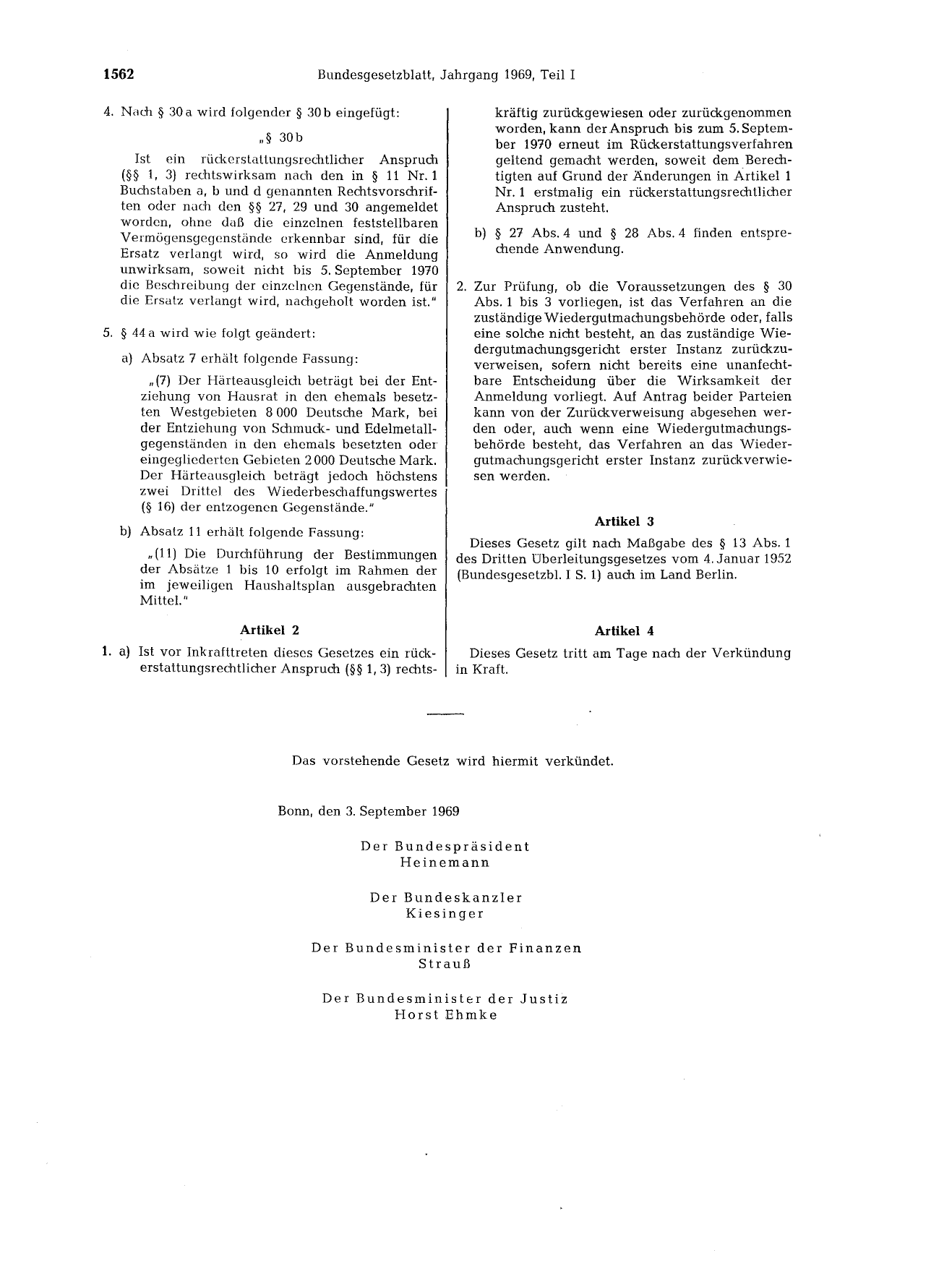 BGBl. 1969, Seite 1562 — Originalseite als Abbildung