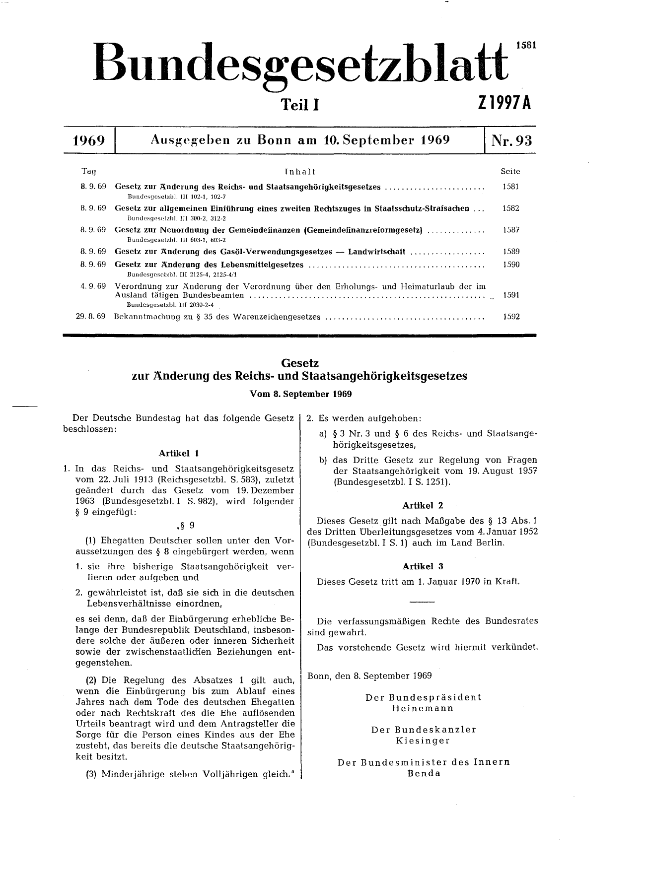 BGBl. 1969, Seite 1581 — Originalseite als Abbildung
