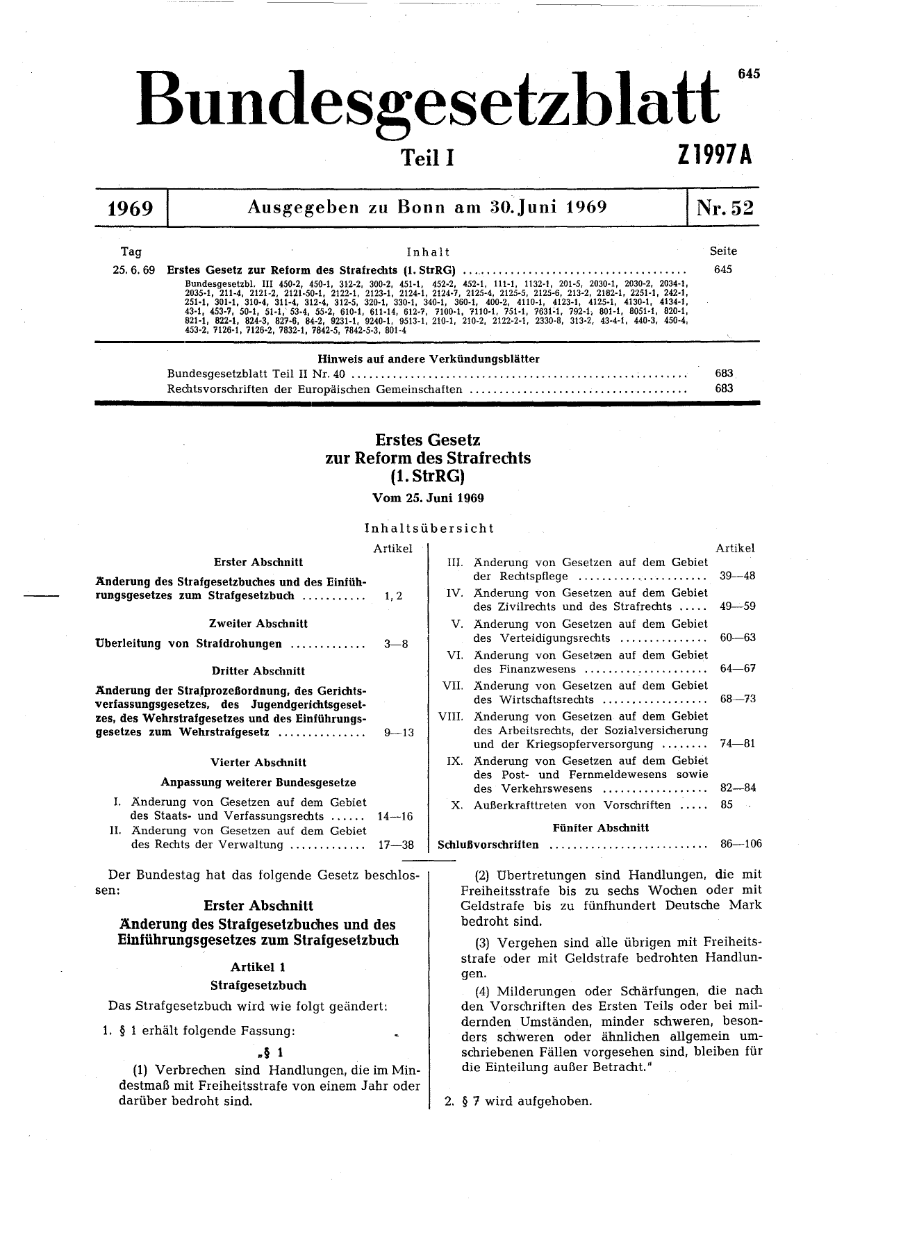 BGBl. 1969, Seite 645 — Originalseite als Abbildung
