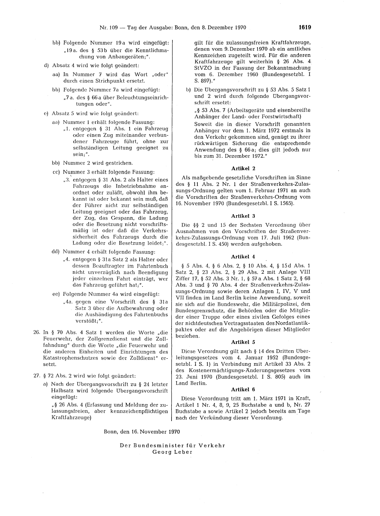 BGBl. 1970, Seite 1619 — Originalseite als Abbildung