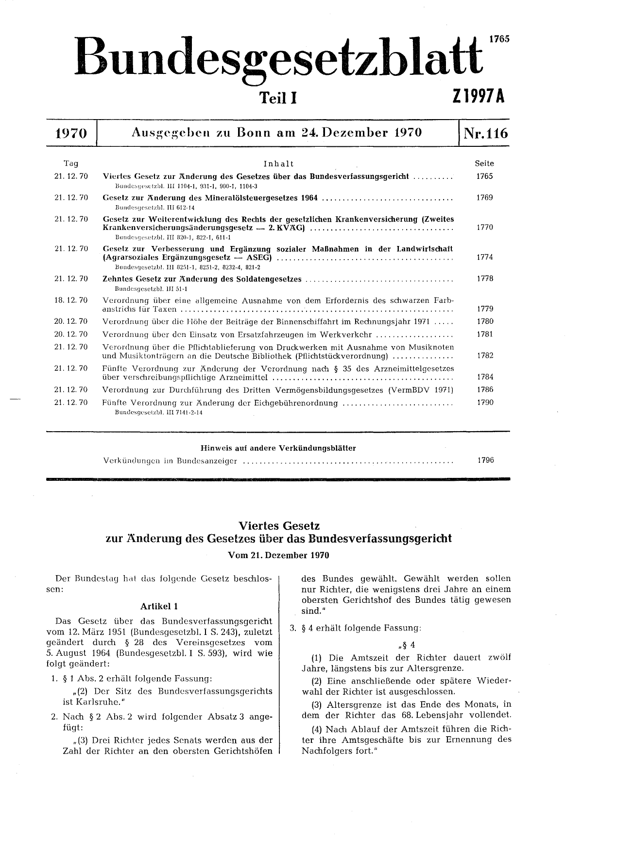 BGBl. 1970, Seite 1765 — Originalseite als Abbildung