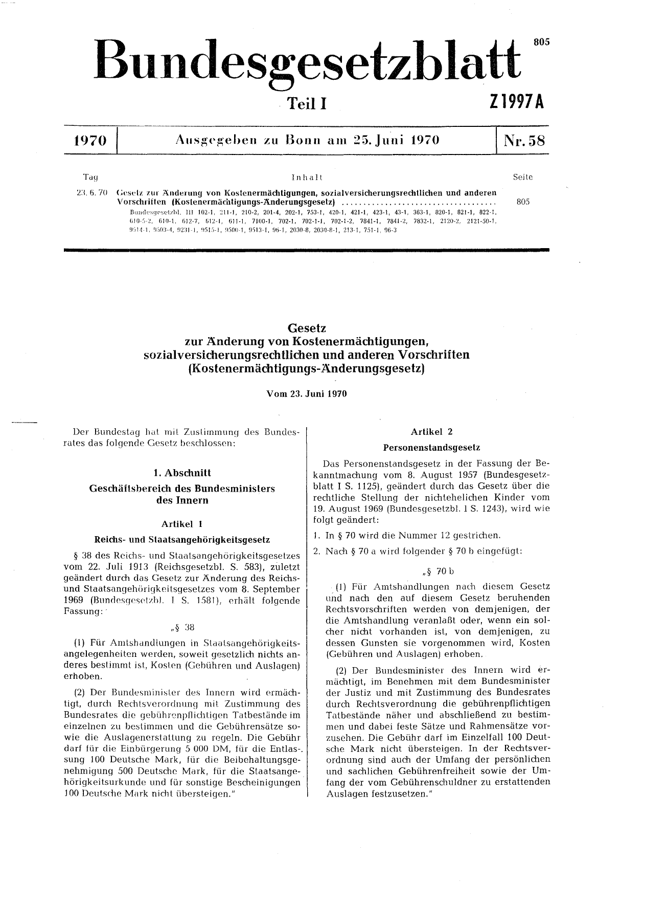 BGBl. 1970, Seite 805 — Originalseite als Abbildung