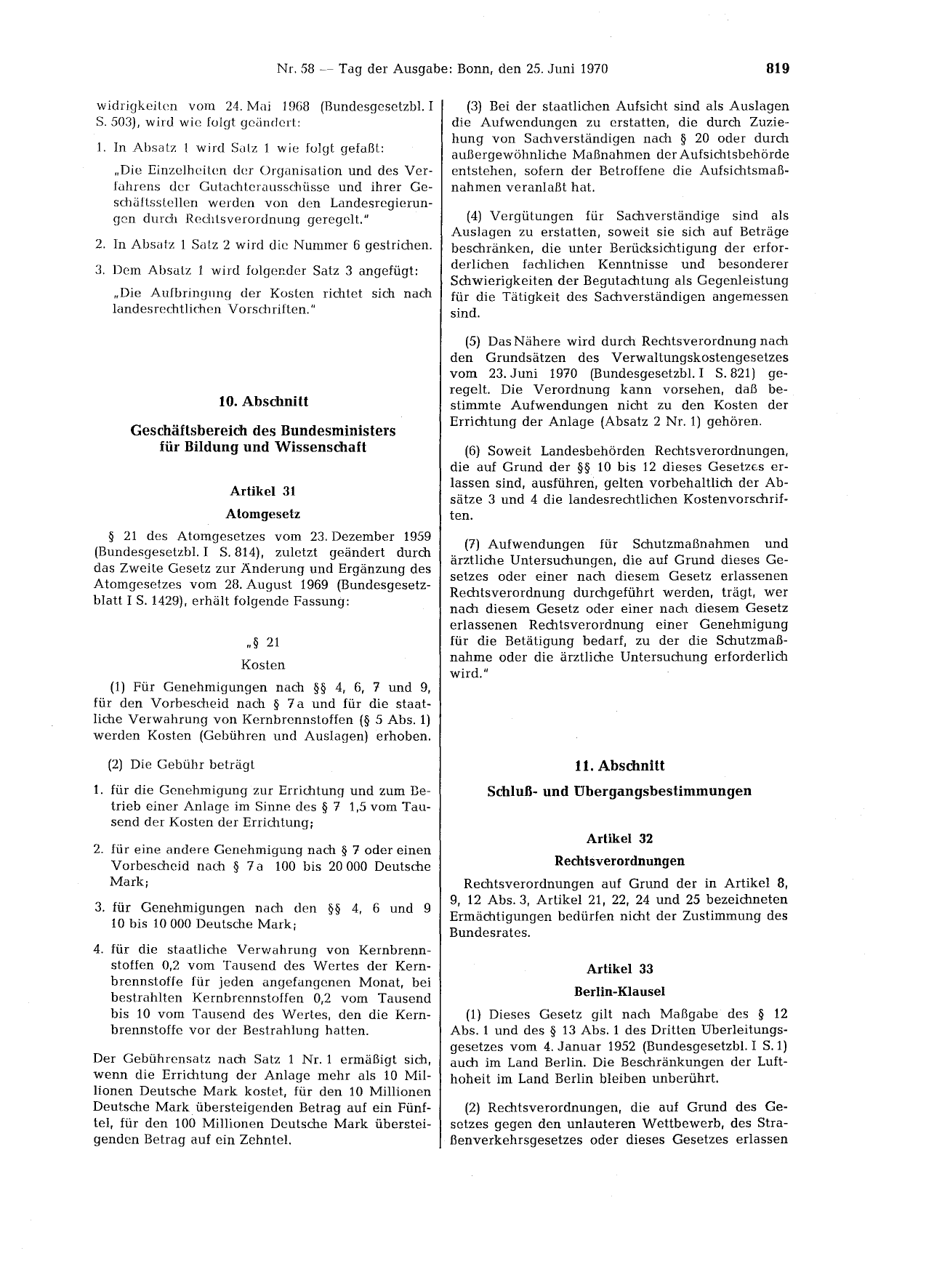 BGBl. 1970, Seite 819 — Originalseite als Abbildung