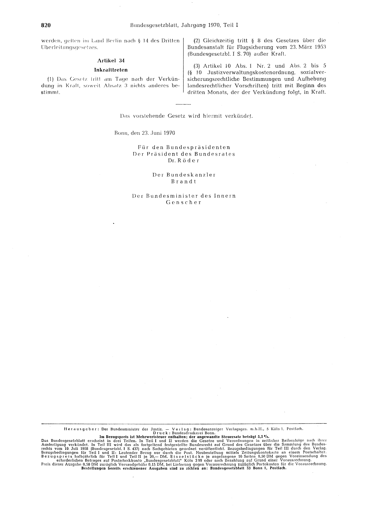 BGBl. 1970, Seite 820 — Originalseite als Abbildung