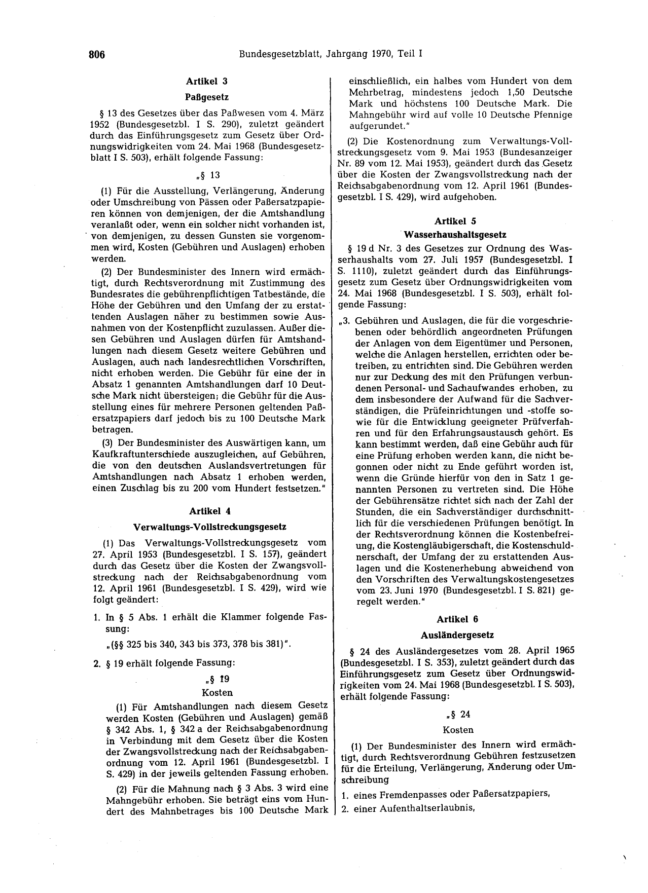 BGBl. 1970, Seite 806 — Originalseite als Abbildung
