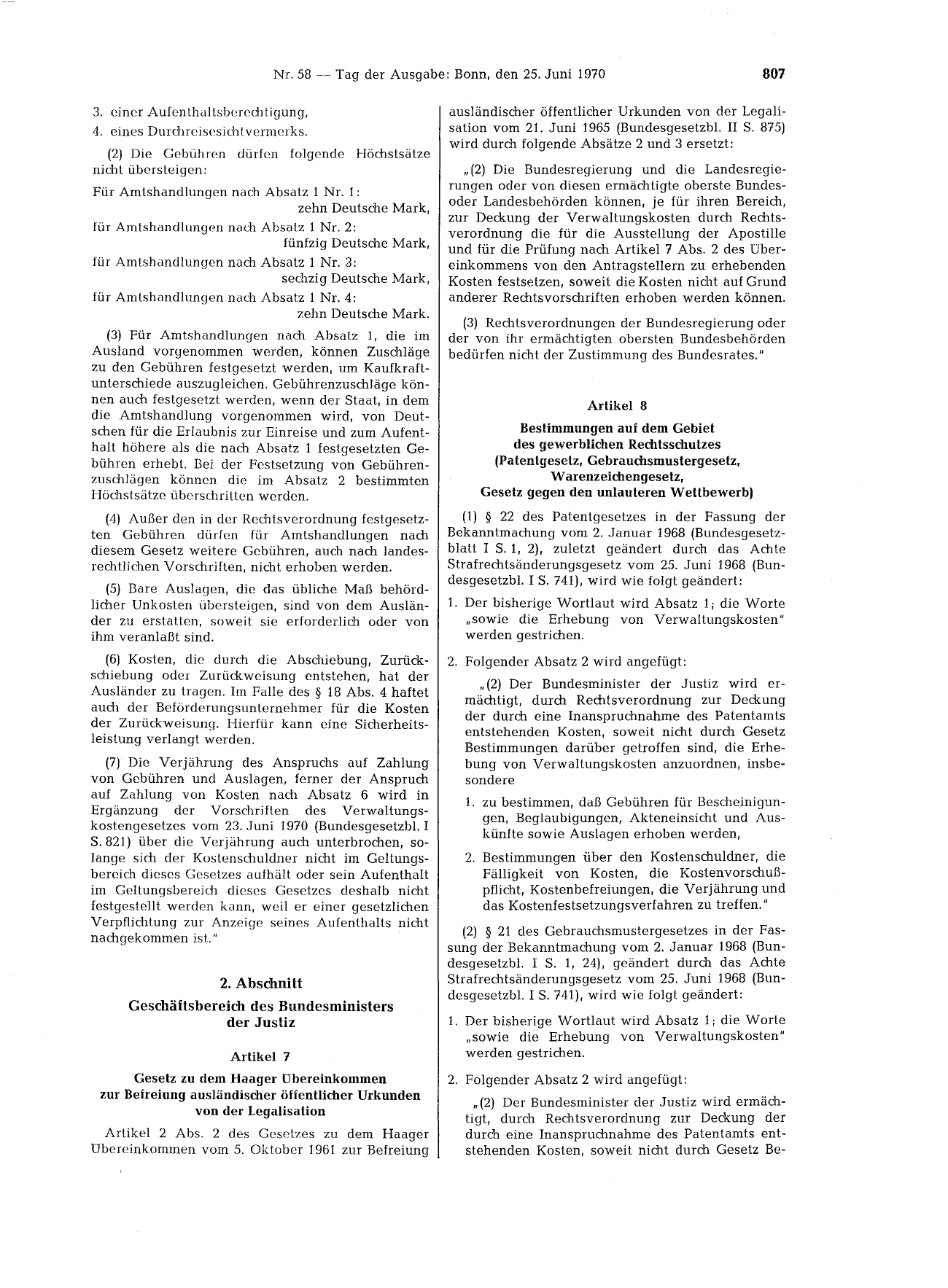 BGBl. 1970, Seite 807 — Originalseite als Abbildung