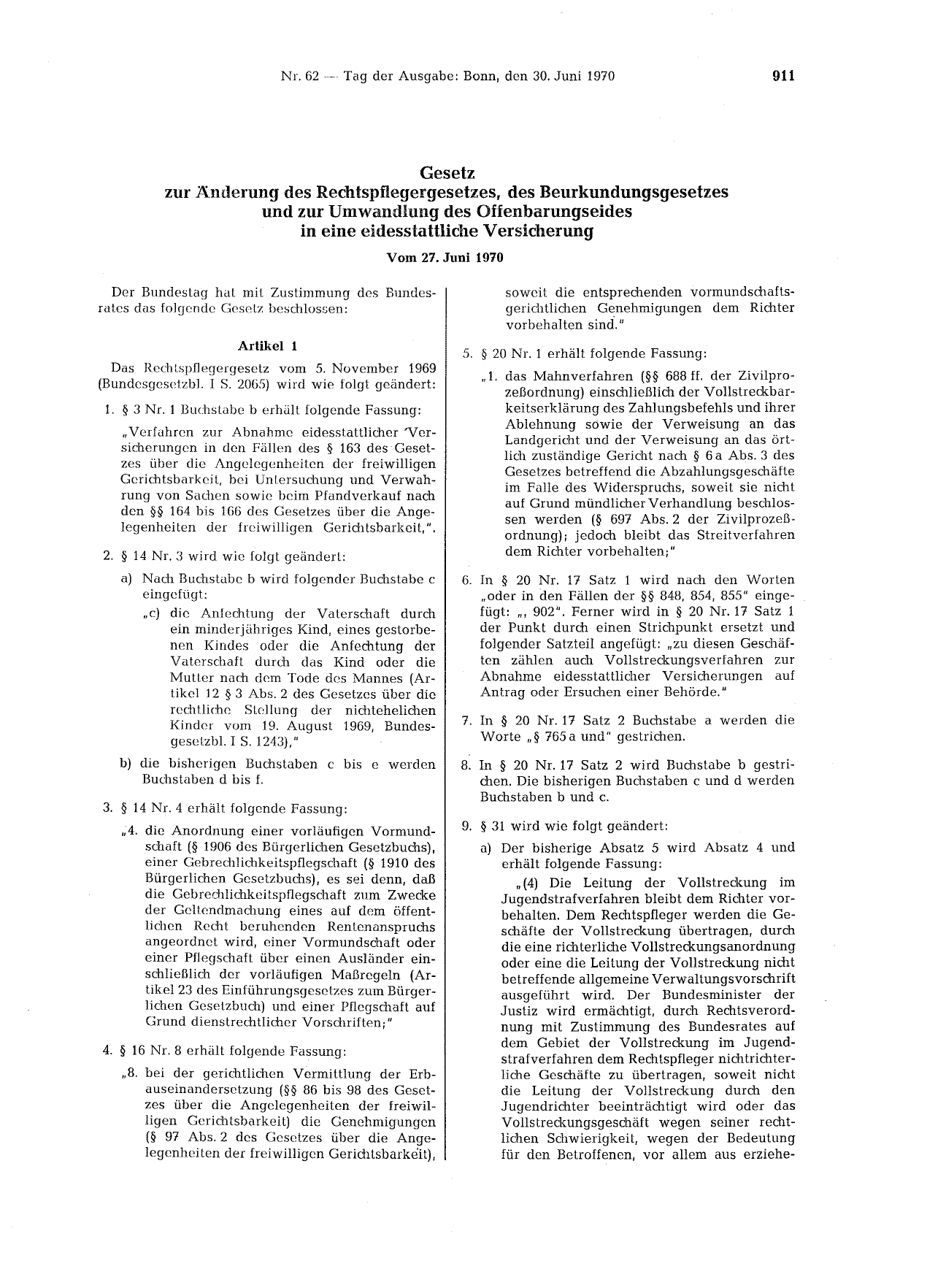 BGBl. 1970, Seite 911 — Originalseite als Abbildung