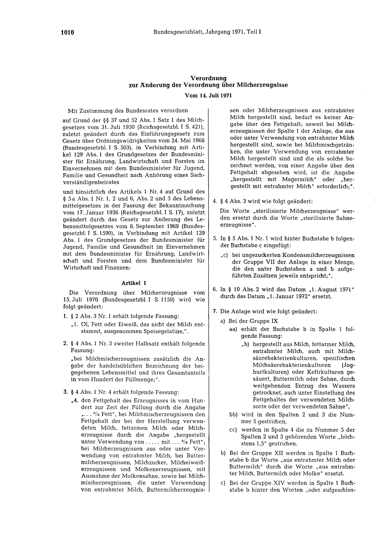 BGBl. 1971, Seite 1010 — Originalseite als Abbildung