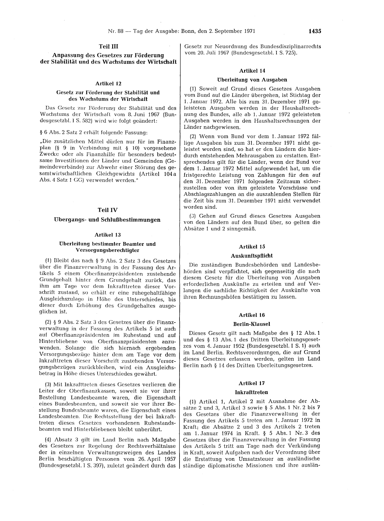 BGBl. 1971, Seite 1435 — Originalseite als Abbildung