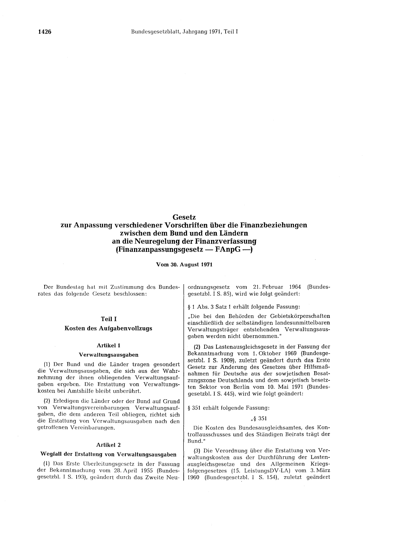 BGBl. 1971, Seite 1426 — Originalseite als Abbildung