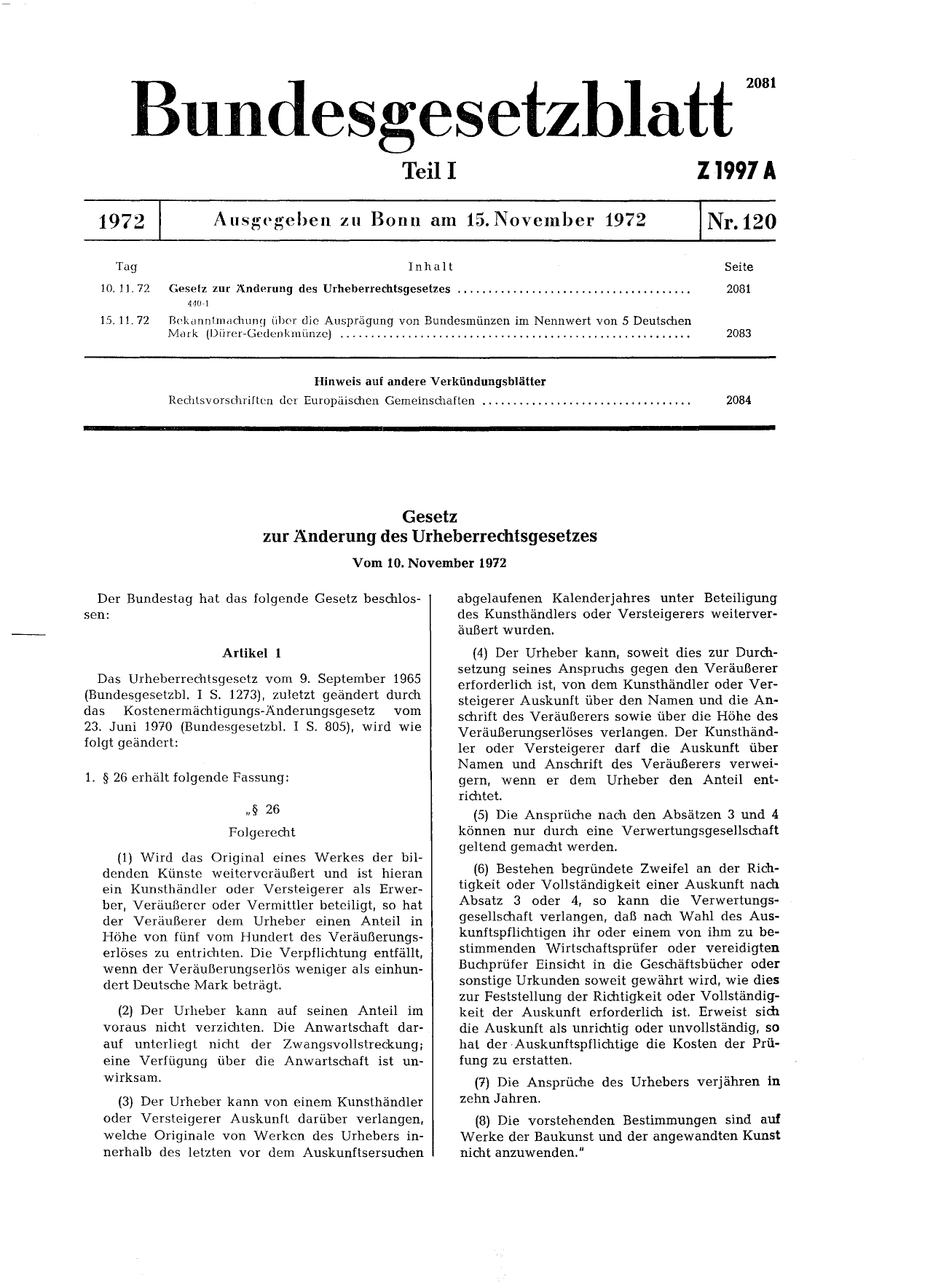 BGBl. 1972, Seite 2081 — Originalseite als Abbildung