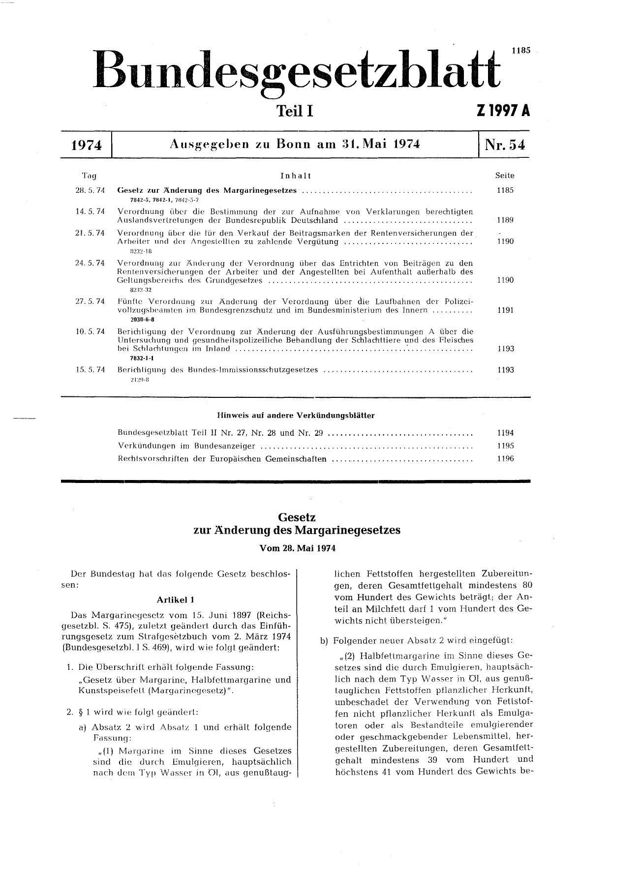 BGBl. 1974, Seite 1185 — Originalseite als Abbildung