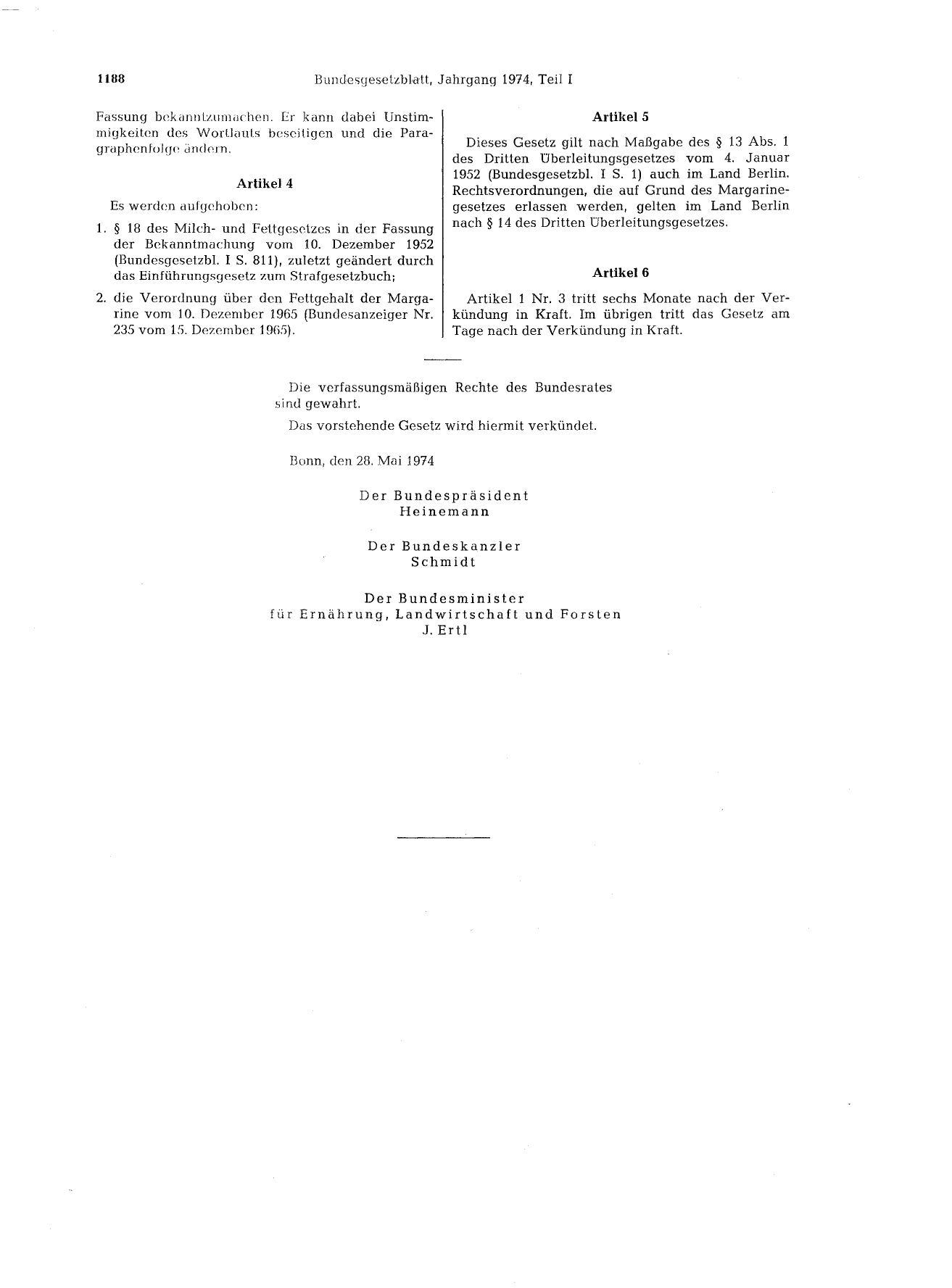 BGBl. 1974, Seite 1188 — Originalseite als Abbildung