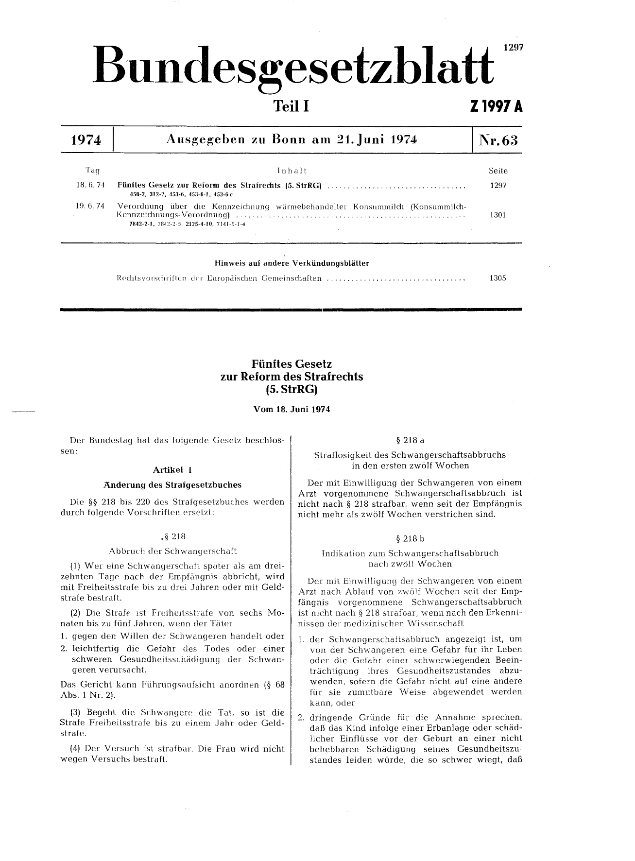 BGBl. 1974, Seite 1297 — Originalseite als Abbildung