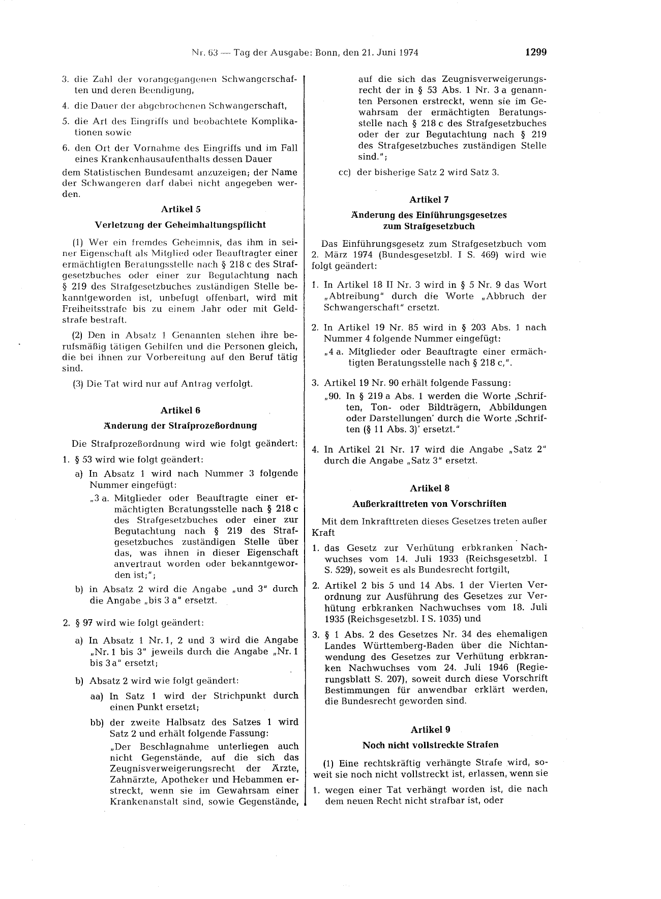 BGBl. 1974, Seite 1299 — Originalseite als Abbildung