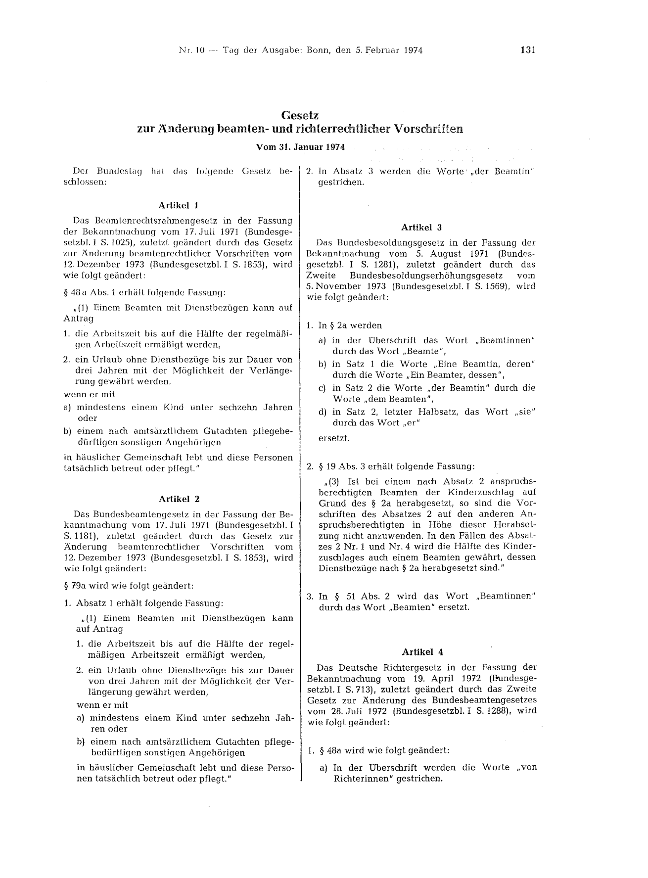 BGBl. 1974, Seite 131 — Originalseite als Abbildung