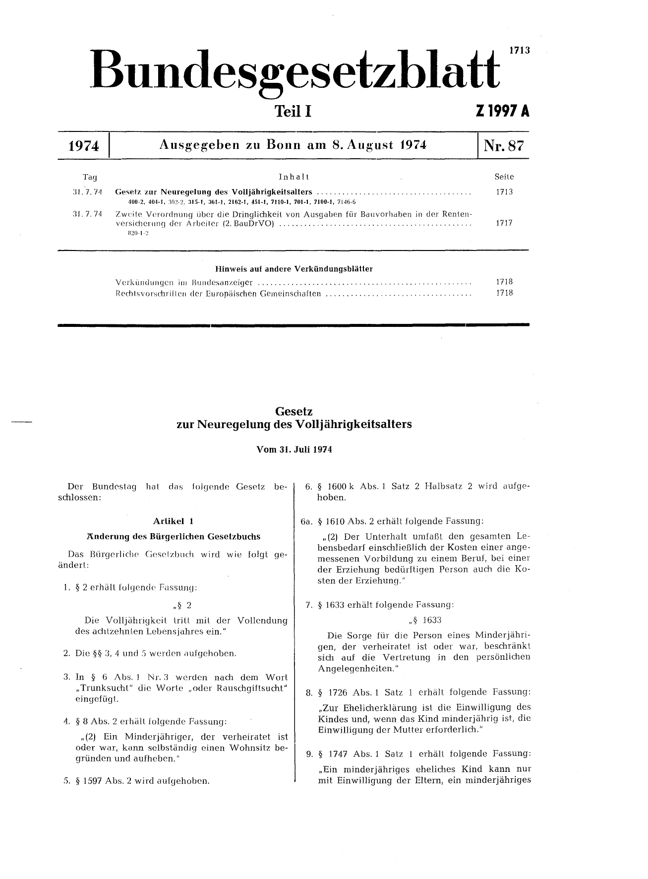 BGBl. 1974, Seite 1713 — Originalseite als Abbildung