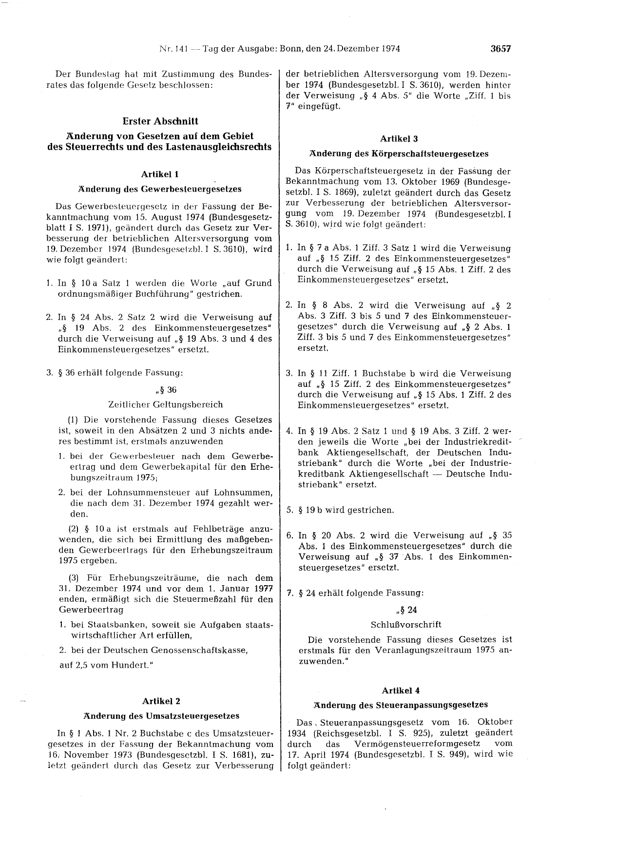 BGBl. 1974, Seite 3657 — Originalseite als Abbildung