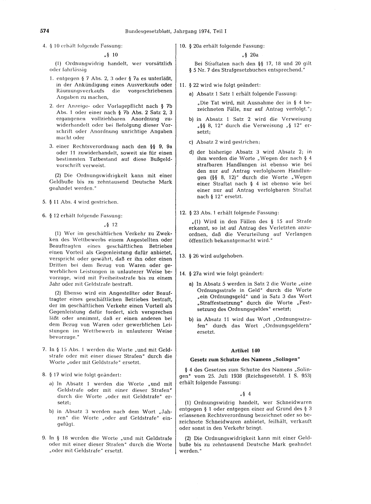BGBl. 1974, Seite 574 — Originalseite als Abbildung