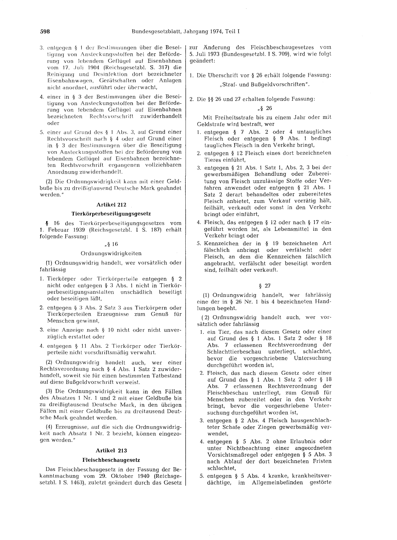 BGBl. 1974, Seite 598 — Originalseite als Abbildung