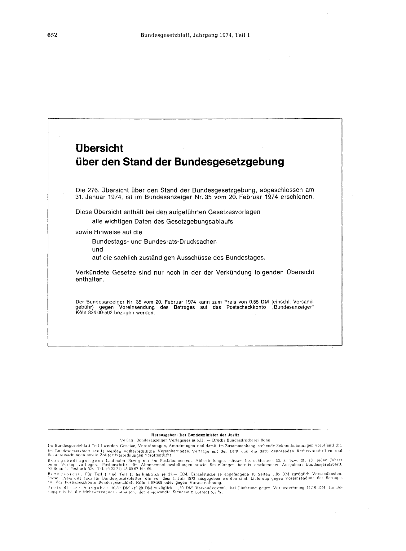 BGBl. 1974, Seite 652 — Originalseite als Abbildung