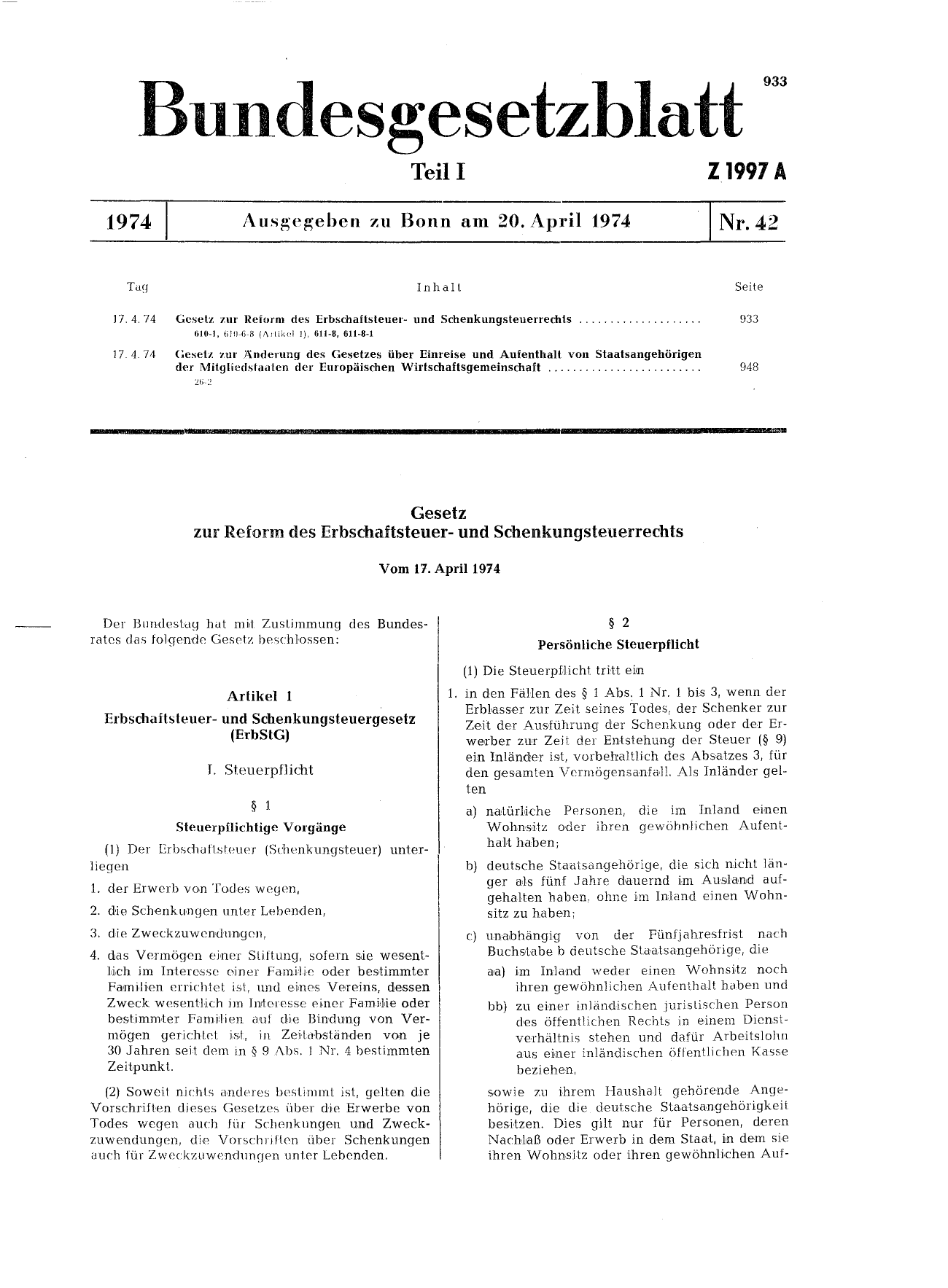 BGBl. 1974, Seite 933 — Originalseite als Abbildung