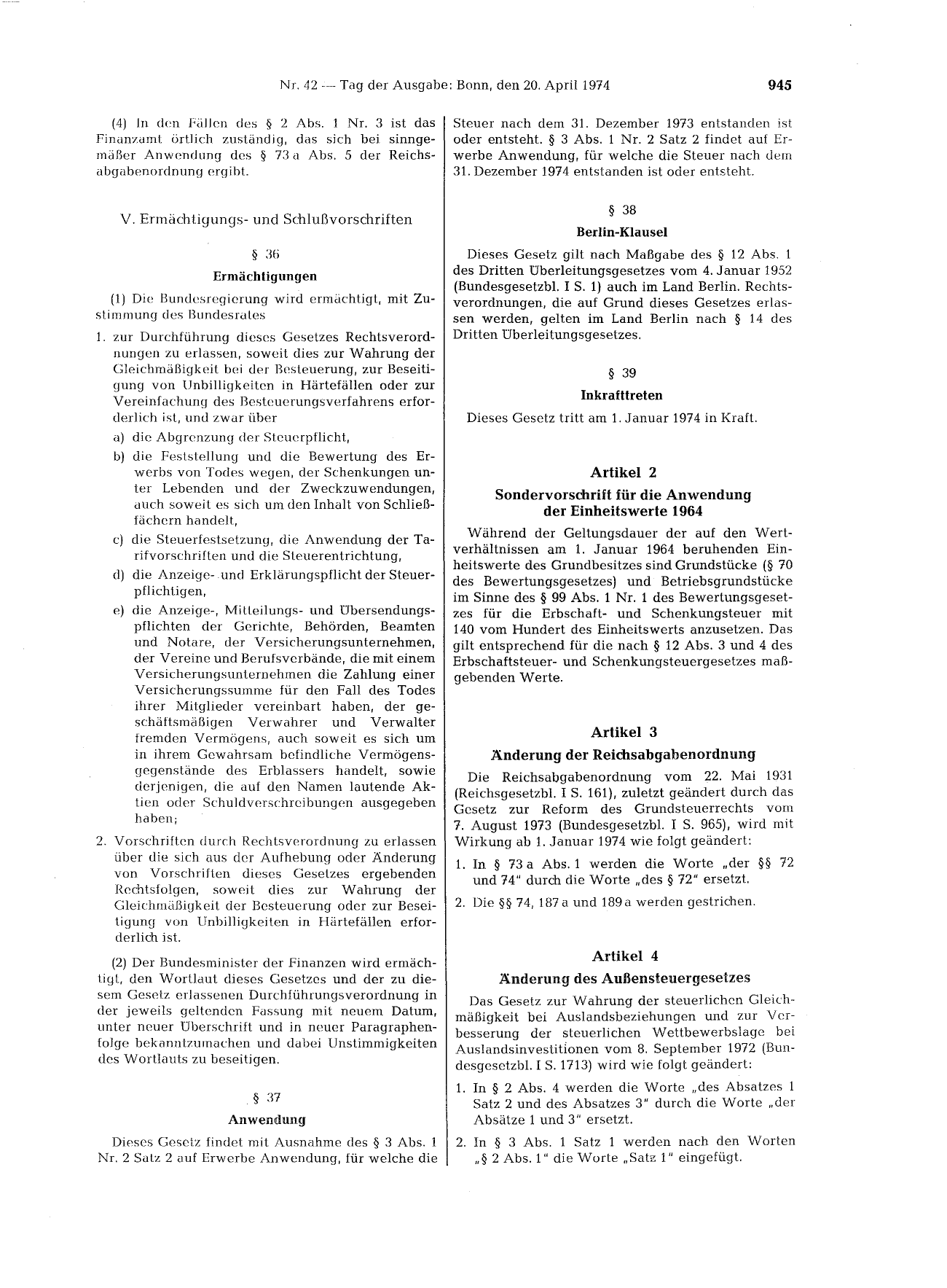BGBl. 1974, Seite 945 — Originalseite als Abbildung
